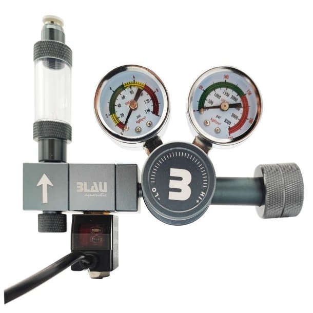 Blau Co2 regulator pro med 2 manometre, bobbel t�ller og magnetventil
